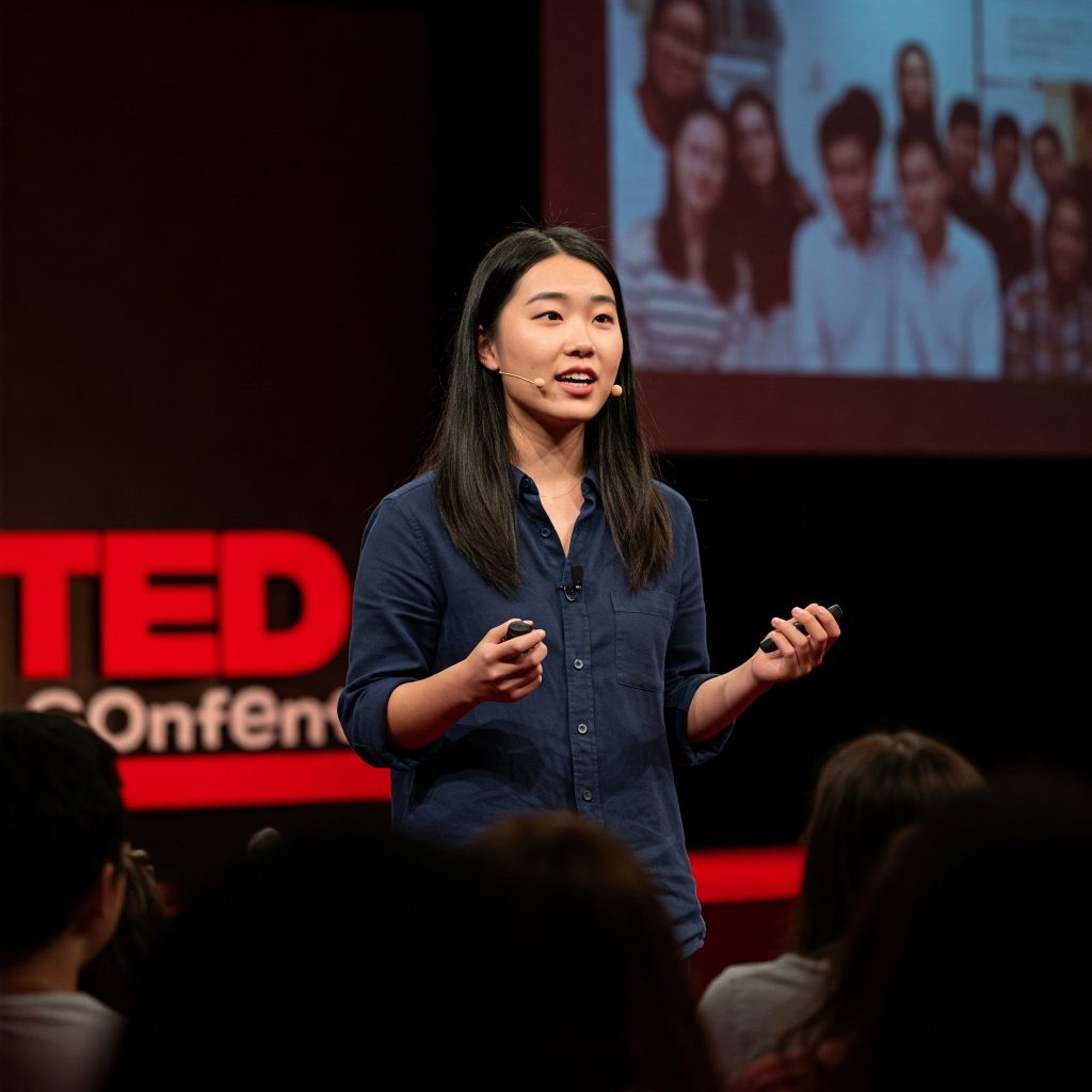 A woman giving a TED talk