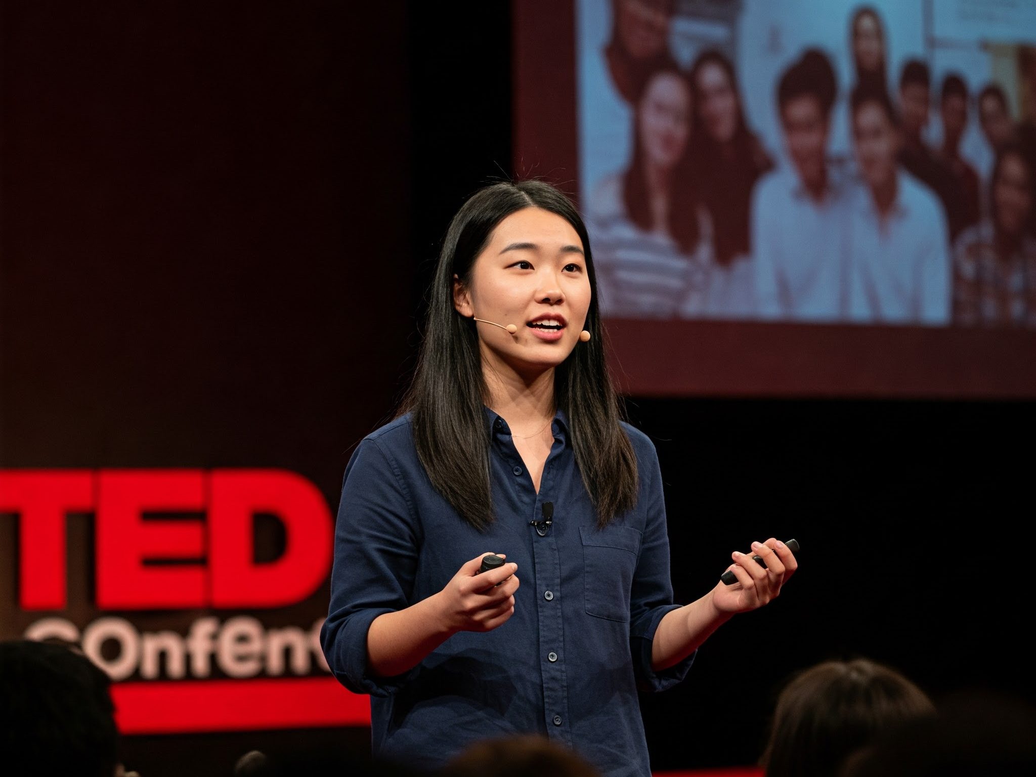 A woman giving a TED talk